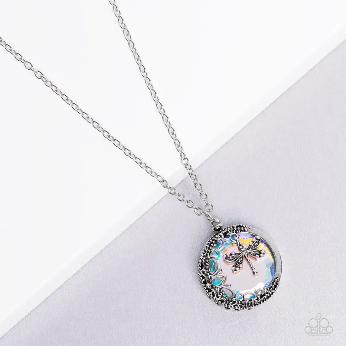 Necklaces Paparazzi Accessories WHIMSY Beneath My Wings Multi Iridescent Gem Silver Dragonfly Necklace Empire Diamond Exclusive Paparazzi