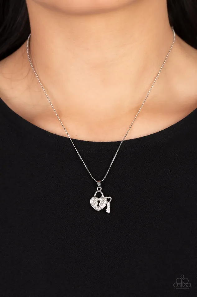 Necklaces Paparazzi Accessories You Hold My Heart White Rhinestone Silver Heart Lock and Key Necklace Paparazzi