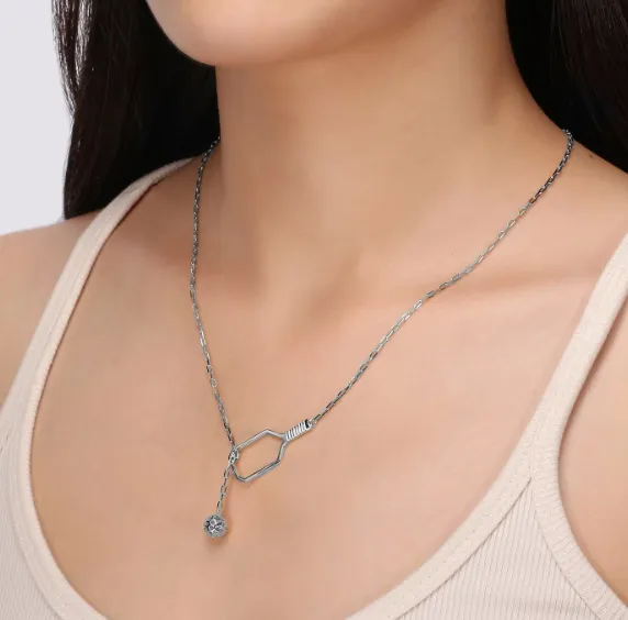 Necklaces Pickleball Lariat Silver Paddle Ball Necklace PickleBelle
