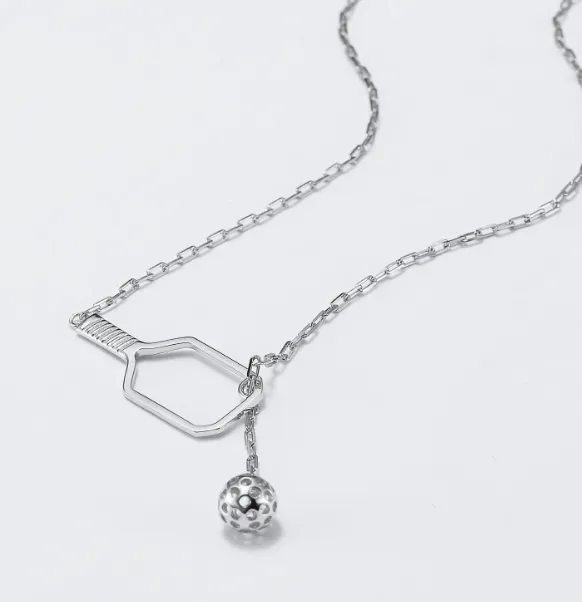 Necklaces Pickleball Lariat Silver Paddle Ball Necklace PickleBelle