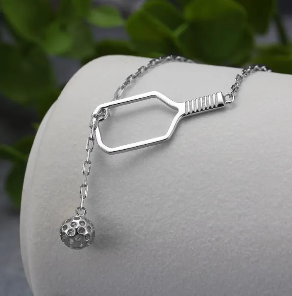 Necklaces Pickleball Lariat Silver Paddle Ball Necklace PickleBelle
