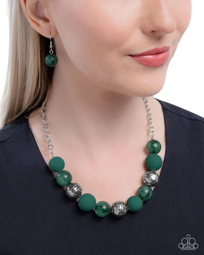 Necklaces PREORDER Bewitching Texture Green Bead Silver Short Necklace Paparazzi Paparazzi Accessories