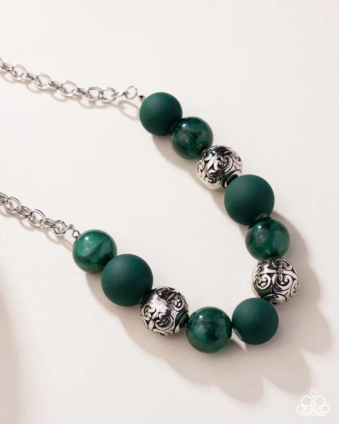 Necklaces PREORDER Bewitching Texture Green Bead Silver Short Necklace Paparazzi Paparazzi Accessories