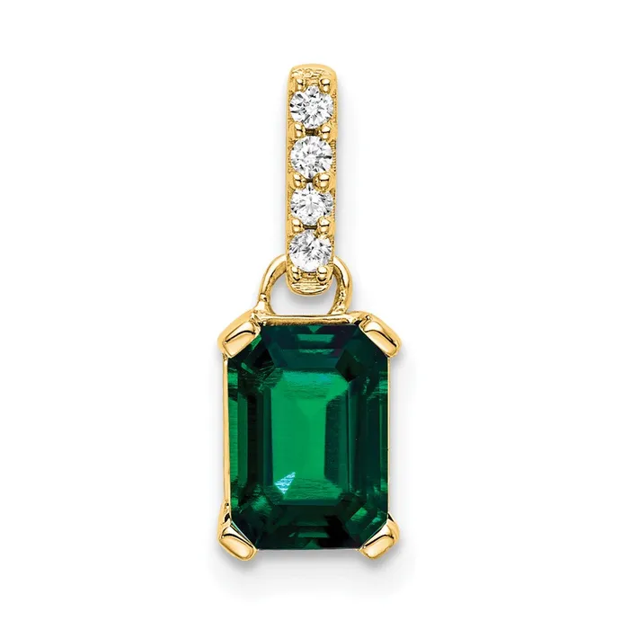 Necklaces Qgold 14K Created Emerald and Diamond Pendant 085 grams