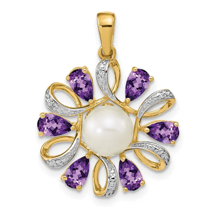 Necklaces Qgold 14k Diamond and 67mm Button FWC PearlAmethyst Pendant 215 grams Necklaces Qgold 14k Diamond and 67mm Button FWC PearlAmethyst Pendant 215 grams