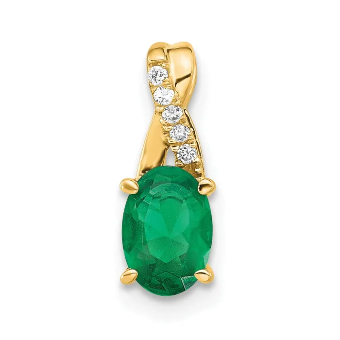 Necklaces Qgold 14K Oval Created Emerald and Diamond Pendant 075 grams