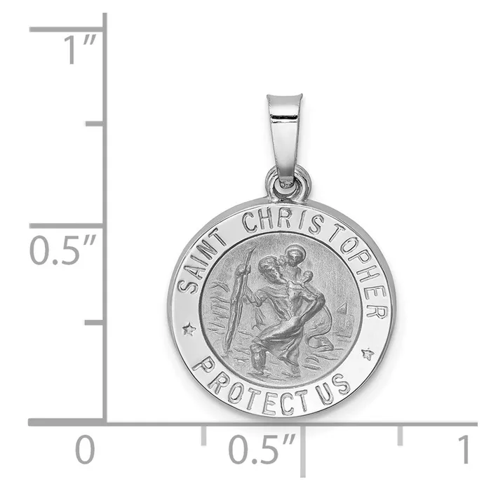 Necklaces Qgold 14k White Gold 15 mm PolishedSatin St Christopher Medal Hollow Pendant 088 grams