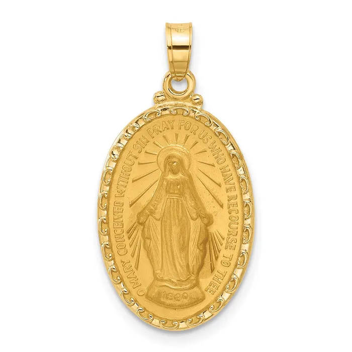 Necklaces Qgold 14k Yellow Gold 144 mm Satin and Polished Miraculous Medal Oval Solid Pendant 224 grams