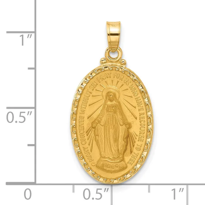 Necklaces Qgold 14k Yellow Gold 144 mm Satin and Polished Miraculous Medal Oval Solid Pendant 224 grams