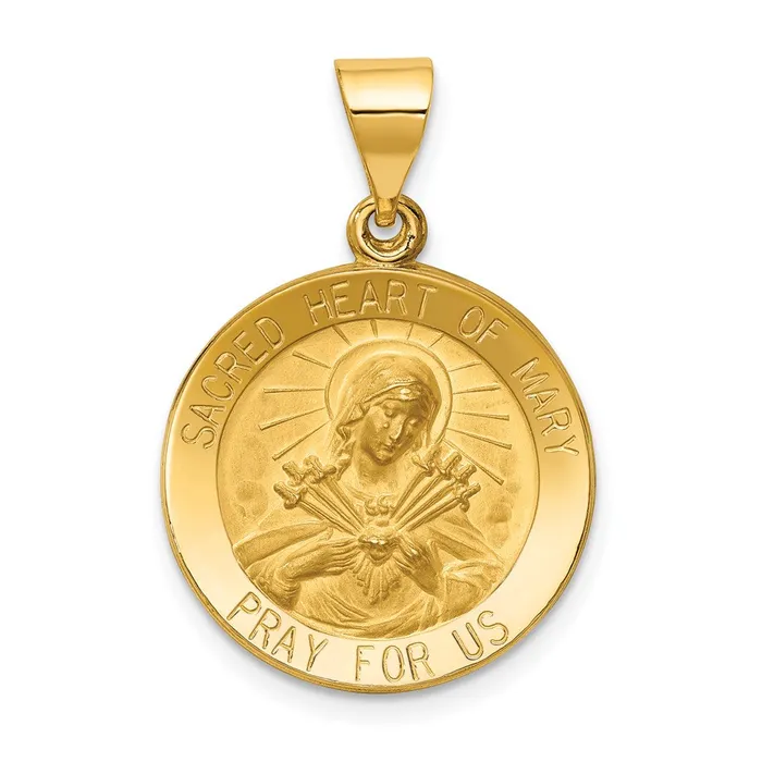 Necklaces Qgold 14k Yellow Gold 185 mm Polished and Satin Sacred Heart of Mary Medal Hollow Pendant 13 grams Necklaces Qgold 14k Yellow Gold 185 mm Polished and Satin Sacred Heart of Mary Medal Hollow Pendant 13 grams