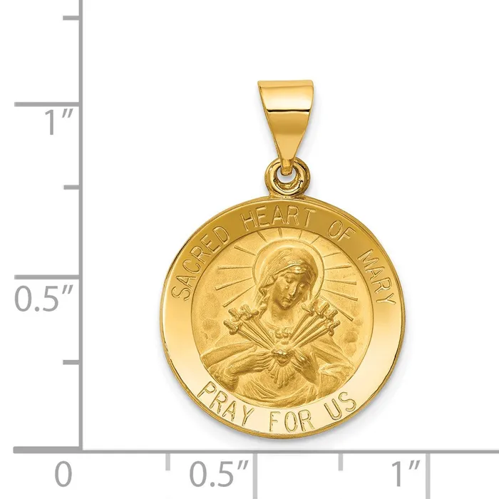 Necklaces Qgold 14k Yellow Gold 185 mm Polished and Satin Sacred Heart of Mary Medal Hollow Pendant 13 grams
