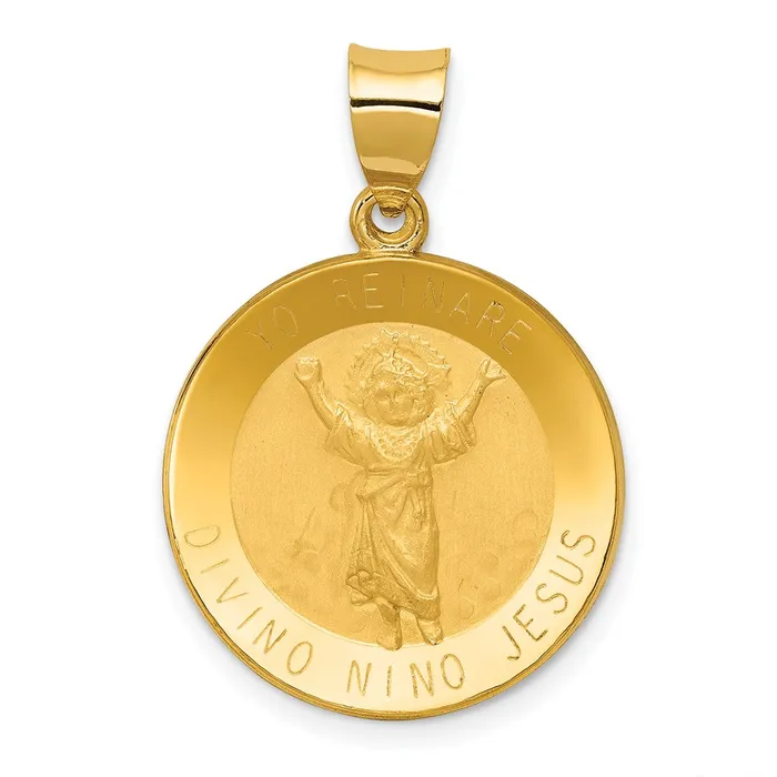 Necklaces Qgold 14k Yellow Gold 19 mm Polished Satin Hollow Divino Nino Round Medal Pendant 153 grams Necklaces Qgold 14k Yellow Gold 19 mm Polished Satin Hollow Divino Nino Round Medal Pendant 153 grams