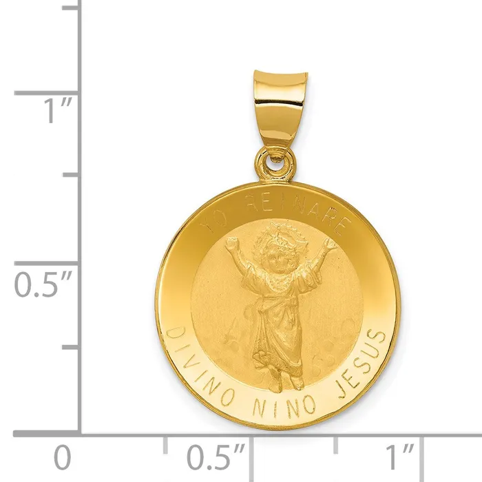 Necklaces Qgold 14k Yellow Gold 19 mm Polished Satin Hollow Divino Nino Round Medal Pendant 153 grams