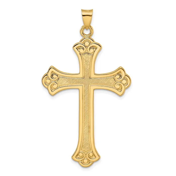 Necklaces Qgold 14k Yellow Gold 3111 mm Polished and Textured Solid Fleur de Lis Cross Pendant 568 grams