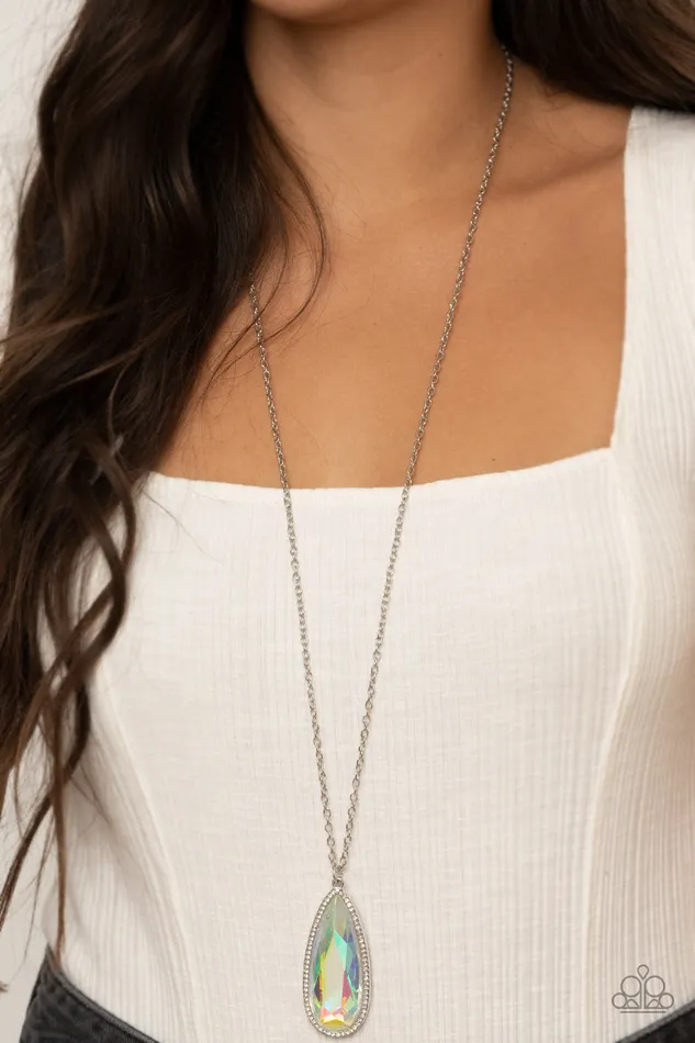 Necklaces Watch Out For REIGN Multi Iridescent Teardrop Gem Silver Pendant Necklace Paparazzi Paparazzi Accessories