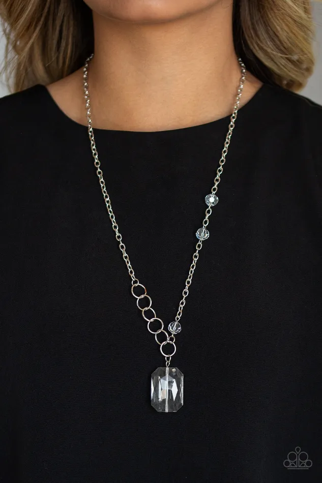 Never a Dull Moment White Emeraldcut Gem Silver Necklace Paparazzi Paparazzi Accessories Necklaces