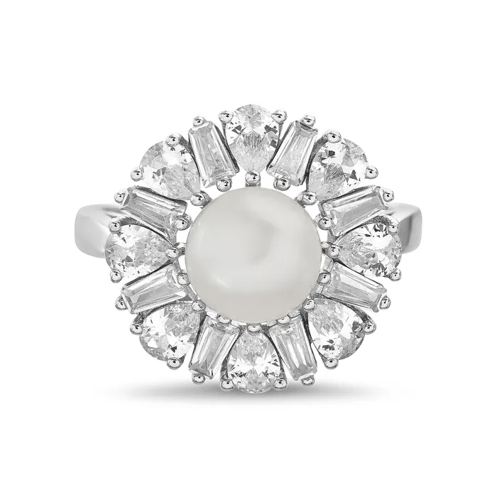 Noblepack CA Rings Sterling Silver Pearl Round and Baguette CZ Border Ring