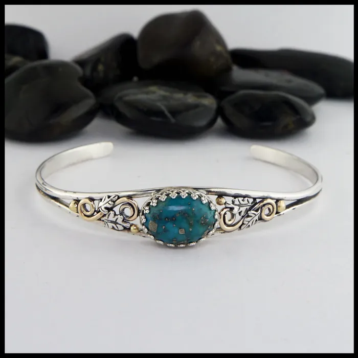 Oak Leaf Cuff Bracelet with Turquoise Walker Metalsmiths Bracelets