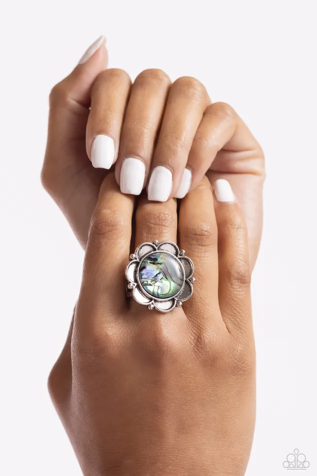 Paparazzi Accessories Artistic Accomplishment Blue FauxAbalone Silver Floral Ring Paparazzi Rings