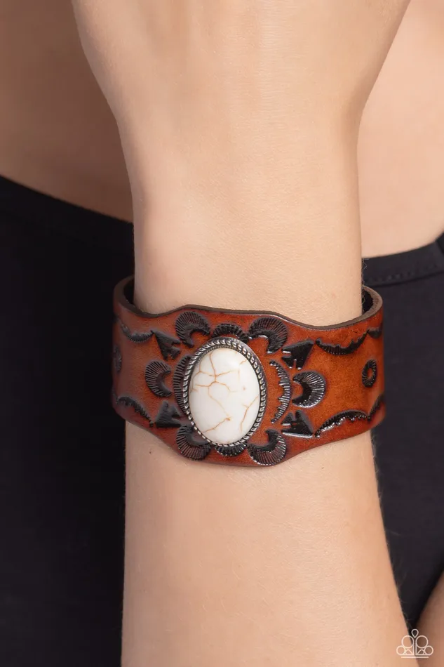 Paparazzi Accessories Bracelets Badlands Rover White Stone Brown Leather Wrap Bracelet Paparazzi