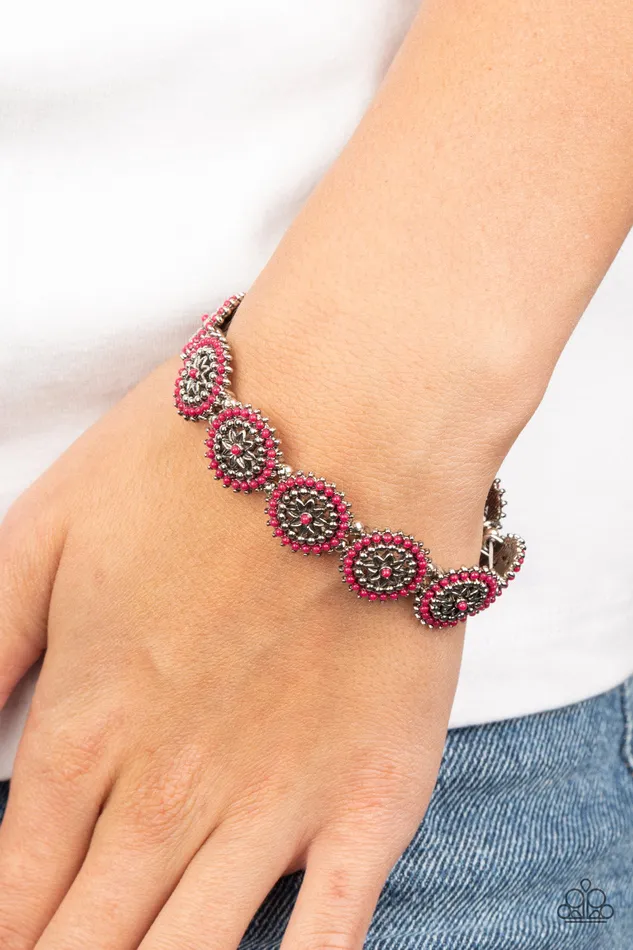 Paparazzi Accessories Bracelets Bohemian Flowerbed Pink Bead Silver Floral Frame Stretchy Bracelet Paparazzi