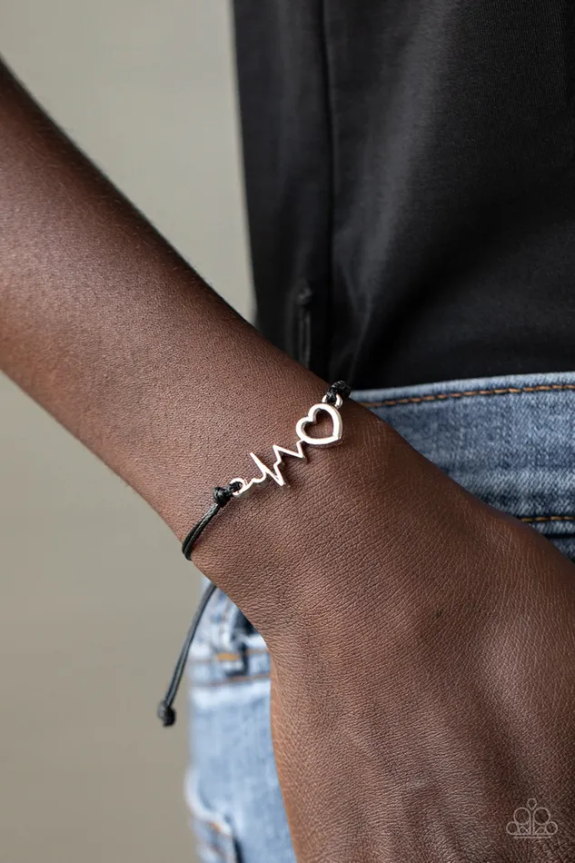 Paparazzi Accessories Bracelets Cardiac Couture Black Cord Silver Heart Beat Urban Slide Bracelet Paparazzi