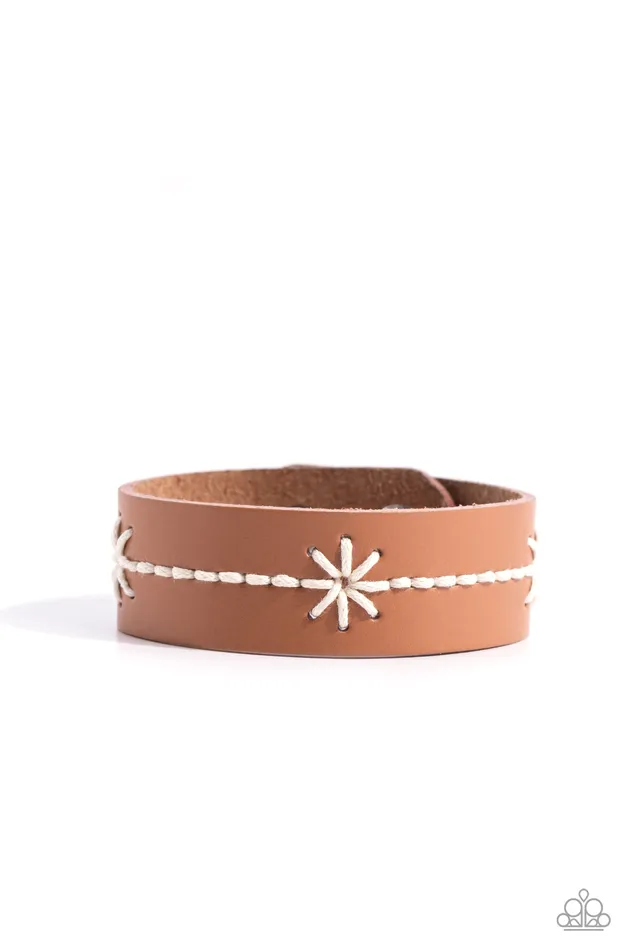 Paparazzi Accessories Bracelets CrossStitched Gardens White Thread Brown Leather Wrap Bracelet Paparazzi Paparazzi Accessories Bracelets CrossStitched Gardens White Thread Brown Leather Wrap Bracelet Paparazzi