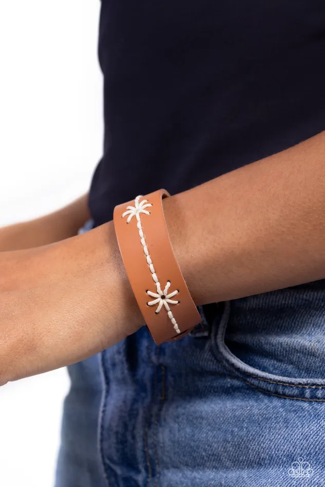 Paparazzi Accessories Bracelets CrossStitched Gardens White Thread Brown Leather Wrap Bracelet Paparazzi