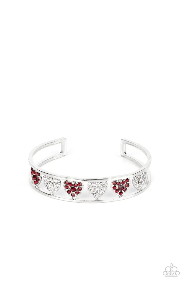 Paparazzi Accessories Bracelets Decadent Devotion Red and White Rhinestone Heart Silver Cuff Bracelet Paparazzi Paparazzi Accessories Bracelets Decadent Devotion Red and White Rhinestone Heart Silver Cuff Bracelet Paparazzi