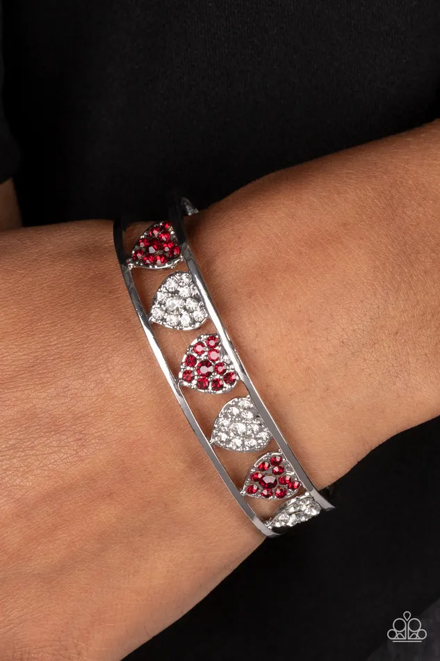 Paparazzi Accessories Bracelets Decadent Devotion Red and White Rhinestone Heart Silver Cuff Bracelet Paparazzi