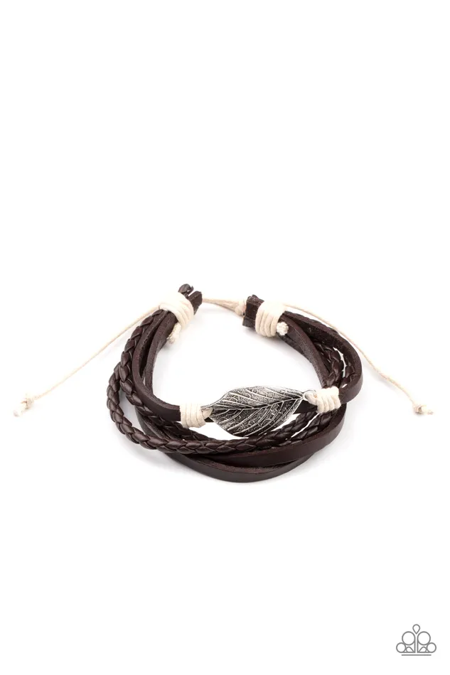 Paparazzi Accessories Bracelets FROND and Center Brown Leather White Cording Silver Feather Urban Slide Bracelet Paparazzi Paparazzi Accessories Bracelets FROND and Center Brown Leather White Cording Silver Feather Urban Slide Bracelet Paparazzi