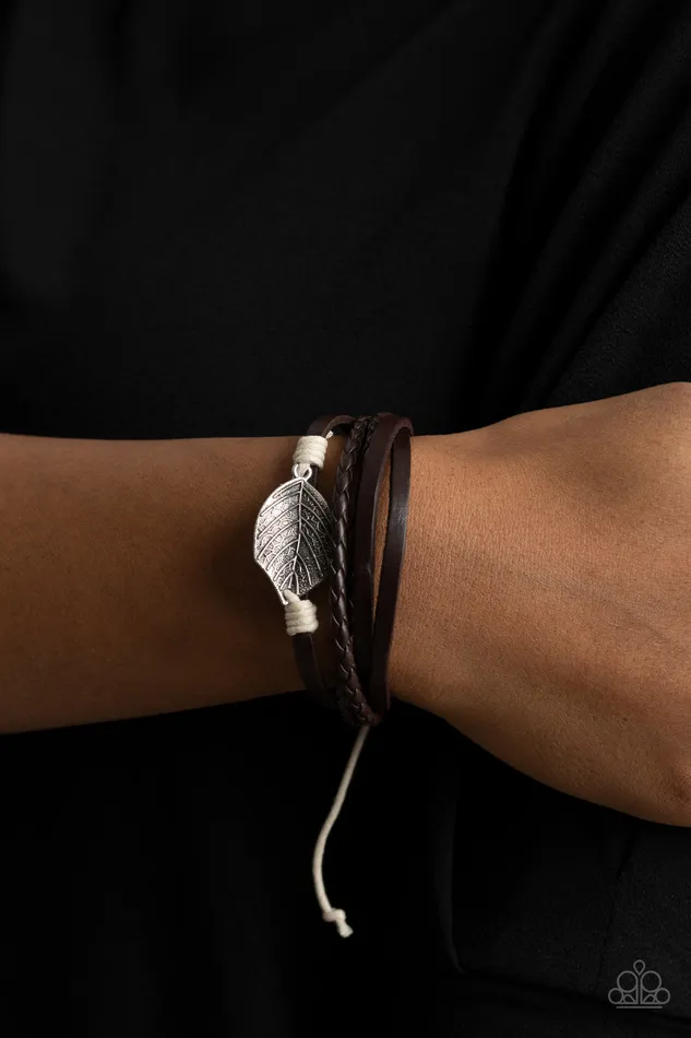 Paparazzi Accessories Bracelets FROND and Center Brown Leather White Cording Silver Feather Urban Slide Bracelet Paparazzi