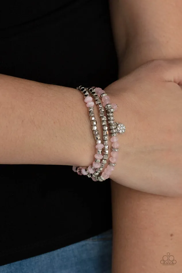 Paparazzi Accessories Bracelets Glacial Glimmer Pink Blush Silver Stretchy Bracelet Set Paparazzi