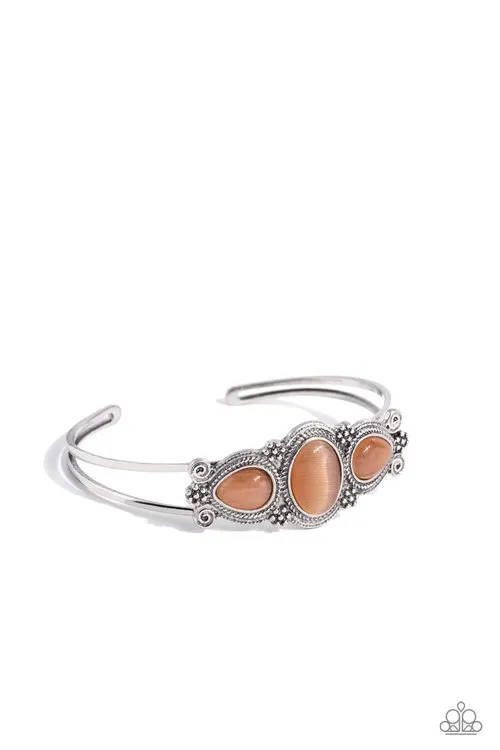 Paparazzi Accessories Bracelets Greenhouse Glamour Orange Cats Eye Silver Cuff Bracelet Paparazzi