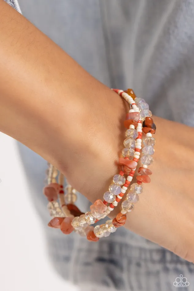 Paparazzi Accessories Bracelets Notoriously Nuanced Orange Seed Bead and Stone Coil Bracelet Paparazzi