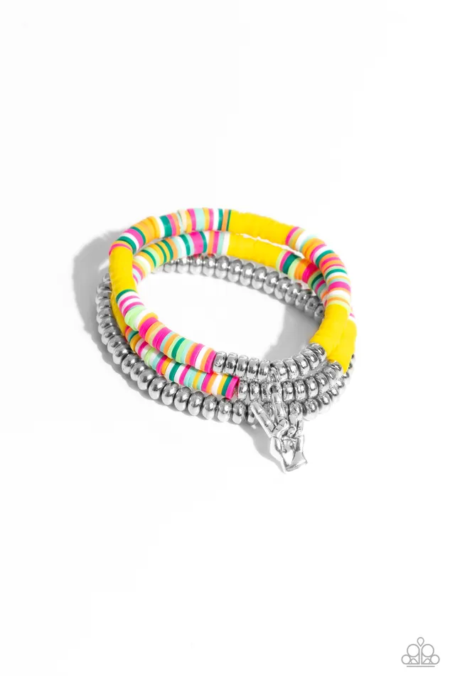 Paparazzi Accessories Bracelets Peaceful Potential Yellow Colorful and Silver Disc Peace Sign Stretchy Bracelet Set Paparazzi Paparazzi Accessories Bracelets Peaceful Potential Yellow Colorful and Silver Disc Peace Sign Stretchy Bracelet Set Paparazzi