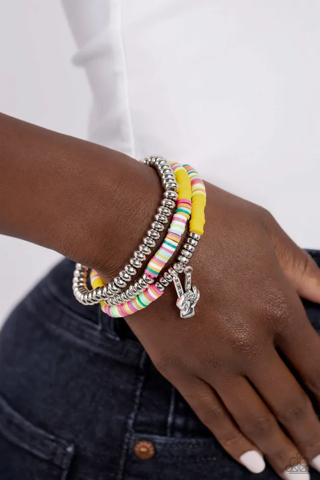 Paparazzi Accessories Bracelets Peaceful Potential Yellow Colorful and Silver Disc Peace Sign Stretchy Bracelet Set Paparazzi