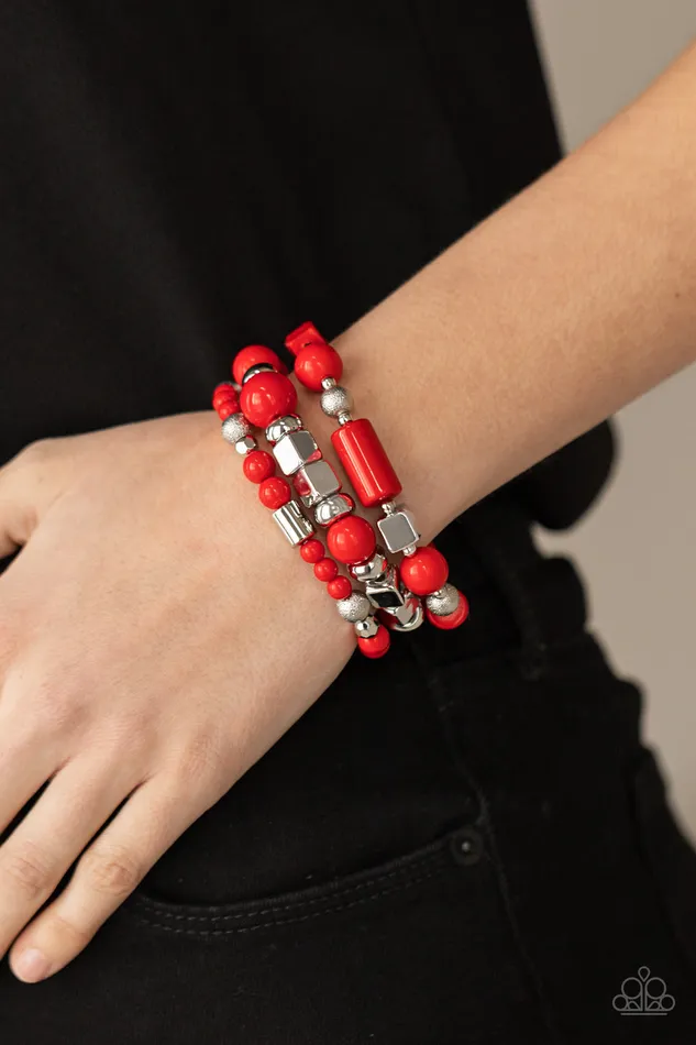 Paparazzi Accessories Bracelets Perfectly Prismatic Red and Silver Bead Stretchy Bracelet Paparazzi