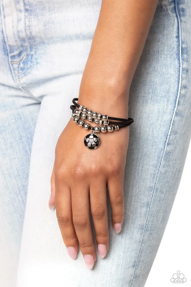 Paparazzi Accessories Bracelets Soccer Player Black Suede Leather Cord Silver Soccer Ball Bracelet Paparazzi