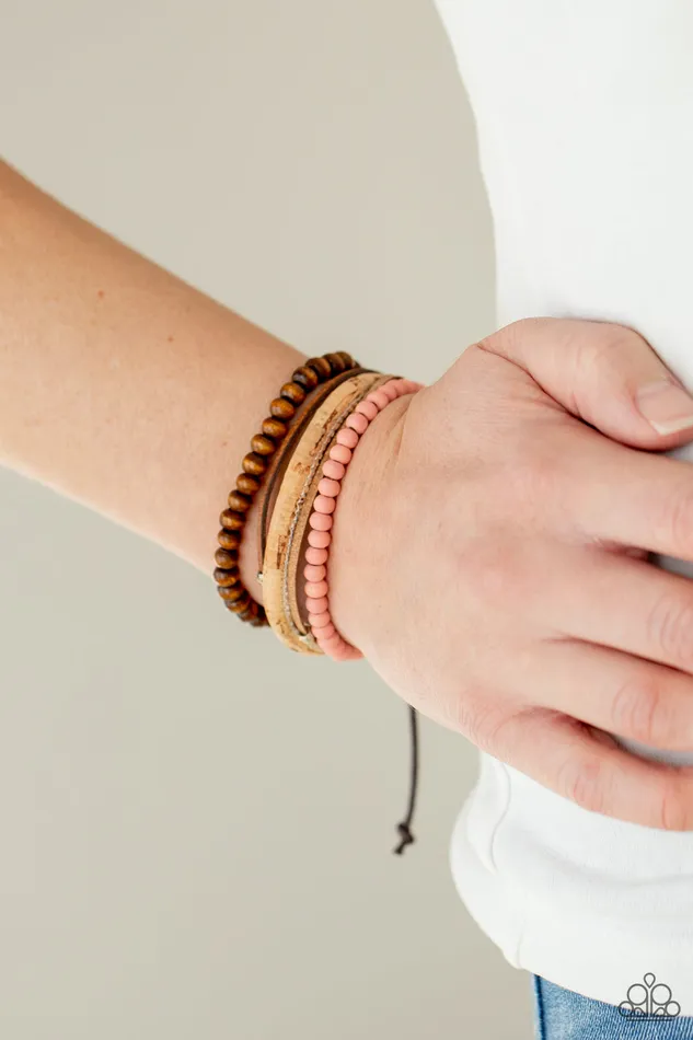 Paparazzi Accessories Bracelets STACK To Basics Pink and Brown Wooden Bead Cord Urban Slide Bracelet Paparazzi
