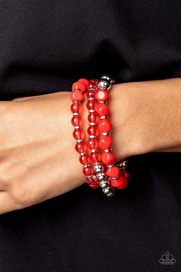 Paparazzi Accessories Bracelets Summer Sabbatical Red and Silver Bead Stretchy Bracelet Paparazzi