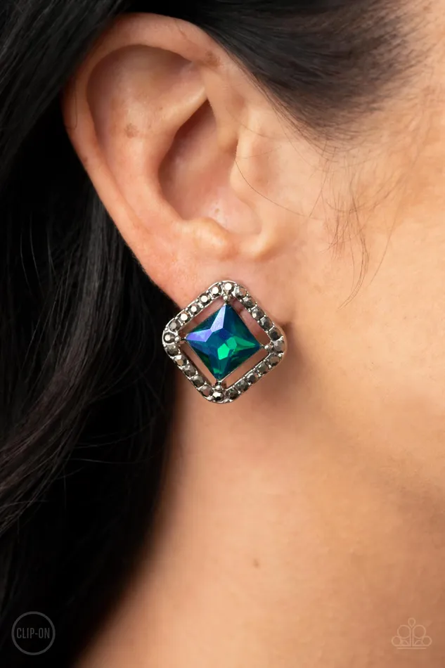 Paparazzi Accessories Cosmic Catwalk Green UV Shimmer Gem Hematite Rhinestone ClipOn Earrings Paparazzi Earrings