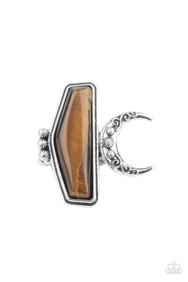 Paparazzi Accessories Cosmic Karma Brown Tigers Eye Moon Geometric Silver Ring Paparazzi Rings Paparazzi Accessories Cosmic Karma Brown Tigers Eye Moon Geometric Silver Ring Paparazzi Rings