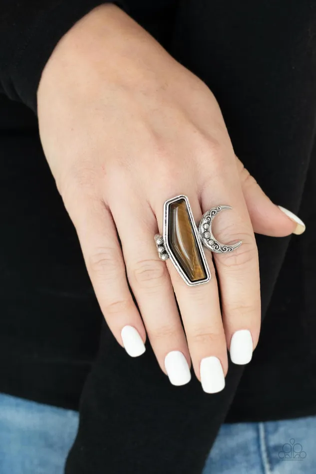 Paparazzi Accessories Cosmic Karma Brown Tigers Eye Moon Geometric Silver Ring Paparazzi Rings