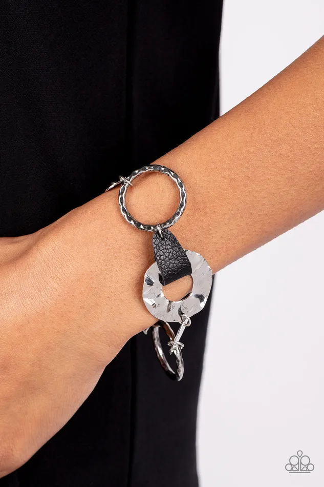 Paparazzi Accessories Desert Scraps Black Leather Silver Disc Bracelet Paparazzi Bracelets