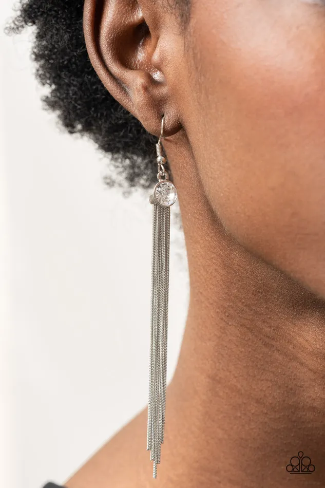 Paparazzi Accessories Earrings Always In Motion White Rhinestone Silver Snake Chain Earrings Paparazzi