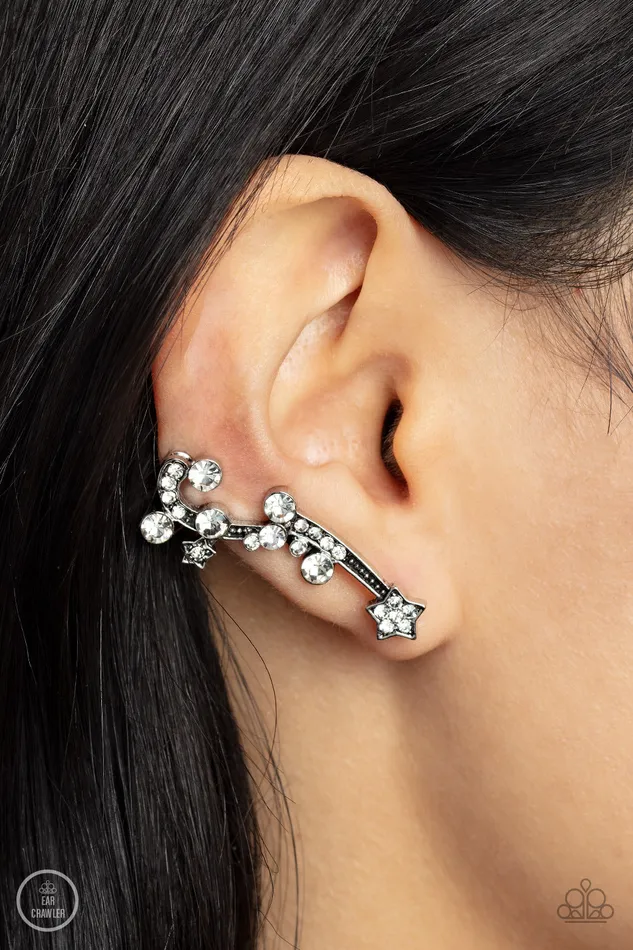 Paparazzi Accessories Earrings Astral Anthem White Rhinestone Star Silver Crawler Earrings Paparazzi