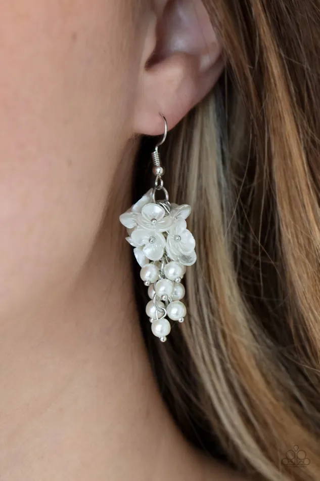 Paparazzi Accessories Earrings Bountiful Bouquets White Pearl Silver Floral Earrings Paparazzi