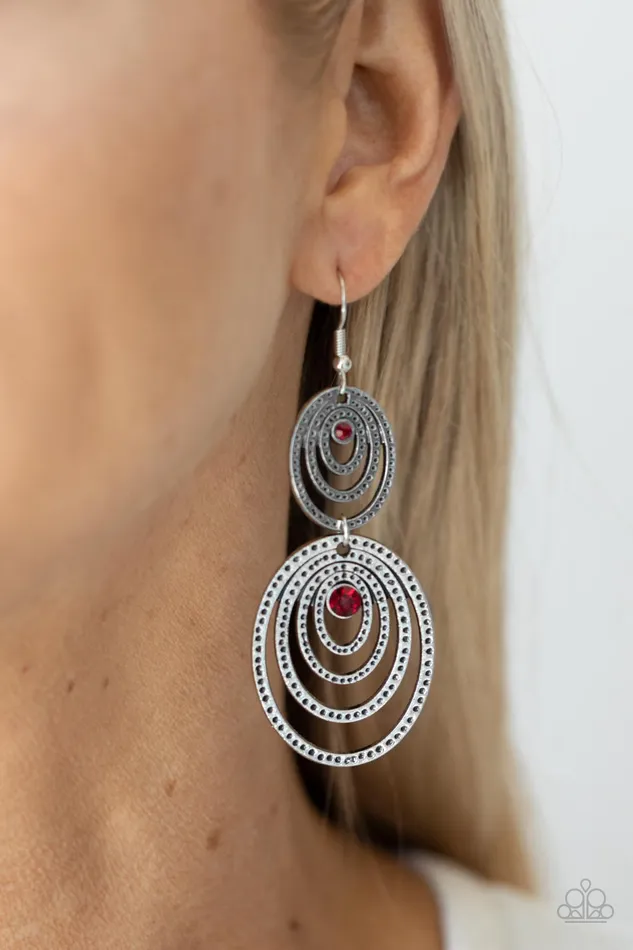 Paparazzi Accessories Earrings Cosmic Twirl Red Rhinestone Silver Oval Earrings Paparazzi