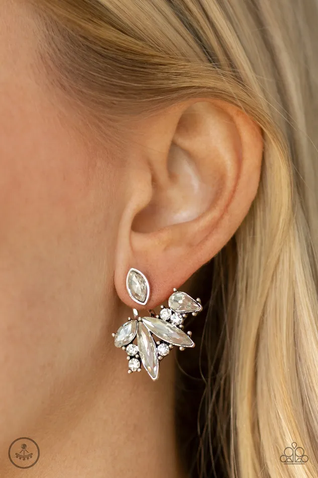 Paparazzi Accessories Earrings Deco Dynamite White Rhinestone Silver Jacket Earrings Paparazzi